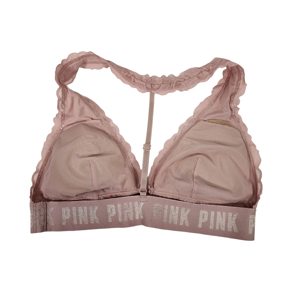 PINK by Victoria's Secret Lace Bralette Rose Pink‎ Racerback Logo Band S M - Picture 4 of 5